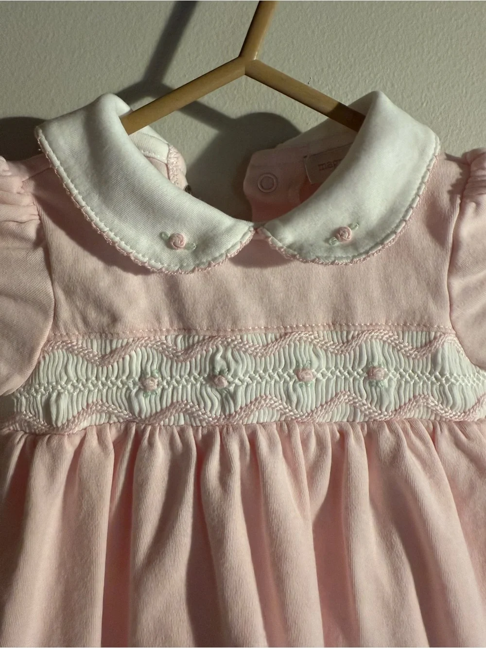 Magnolia Baby Girls Pink Short Sleeve Smocked Dress with Peter Pan Collar